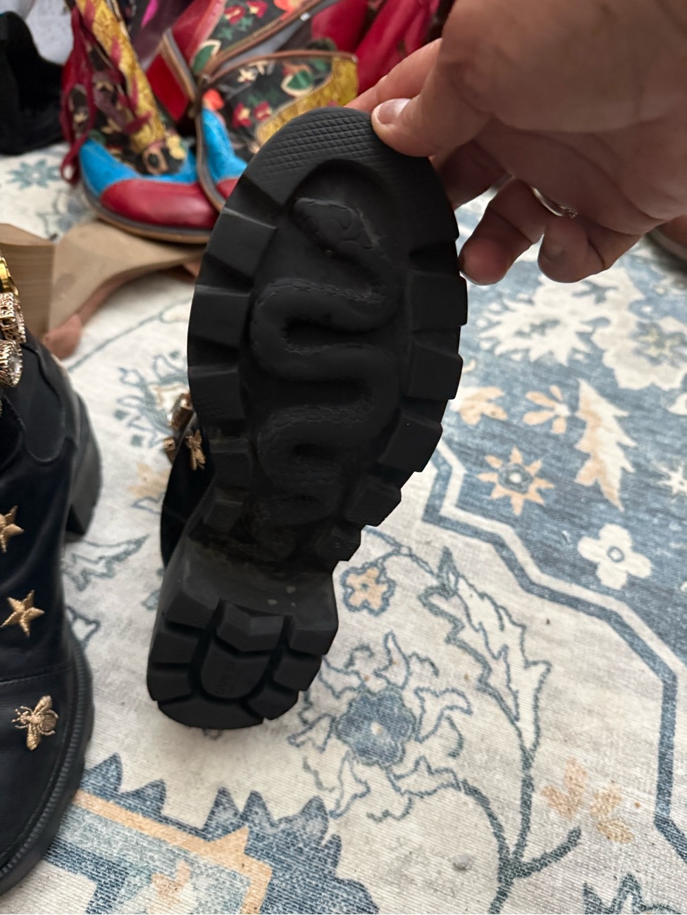 Gucci Black Leather Embroidered Combat Boots with Gold Accents - Picture 2 of 4